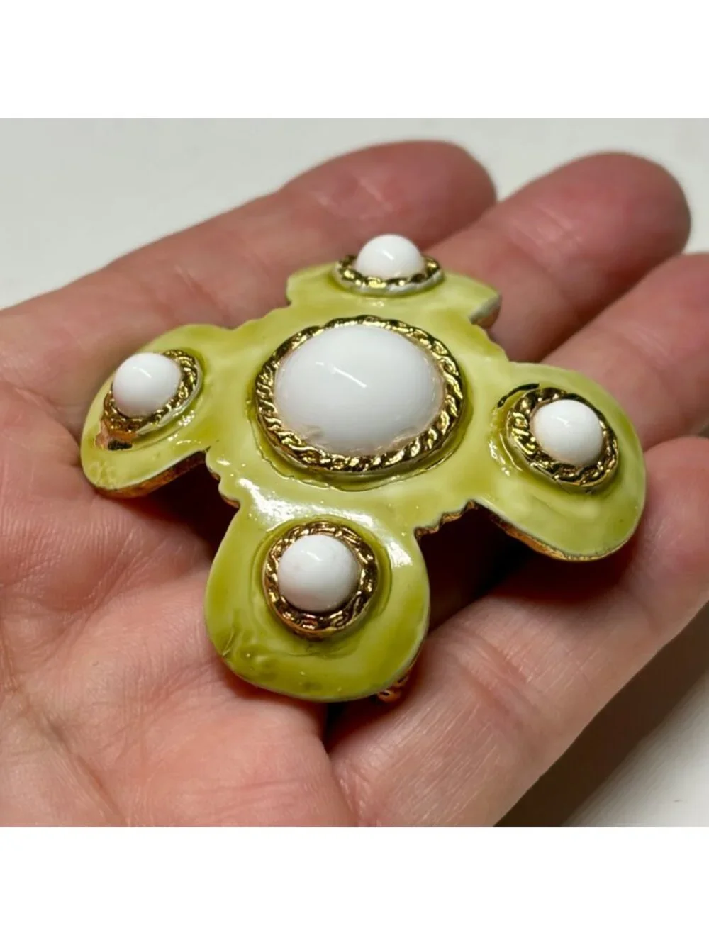 Hobe Gold-Plated Green Enamel Brooch With White Cabochons 2